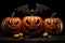 three pumpkins with glowing carved faces on dark background with a large black gargoyle, Halloween night, AI generated