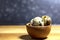 Three Quail Eggs In A Small Wooden Bowl on a Kitchen Counter Top