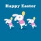 Three rabbits dancing with easter eggs
