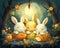 Three rabbits are sleeping in a room with a children\\\'s book in it.