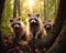 Three racoons are standing in a forest.