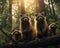 Three racoons are standing in a forest.