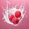 Three raspberries are falling into a milk splash