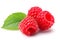 three raspberries with leaf isolated on white background