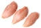 Three raw chicken fillets on a white background. The view from the top.