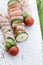 Three raw meat kebabs for grill, outdoor