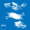 Three realistic clouds on a sky-blue background. Vector illustration
