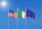 Three realistic flags of European Union, USA United States of America and Ireland. 3d illustration