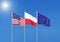 Three realistic flags of European Union, USA United States of America and Poland. 3d illustration