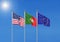 Three realistic flags of European Union, USA United States of America and Portugal. 3d illustration