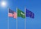 Three realistic flags of European Union, USA United States of America and Saudi Arabia. 3d illustration