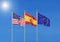 Three realistic flags of European Union, USA United States of America and Spain. 3d illustration