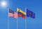 Three realistic flags of European Union, USA United States of America and Venezuela. 3d illustration