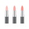 Three realistic lipsticks of pink shades isolated on white background. Cosmetics for make-up of lips.