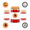 Three realistic mock up glass jar with jam home preservation and fruit labels on white background