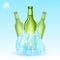 Three realistic mock up green bottle of beer frozen-in iceberg on blue background