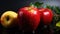 Three red apples sitting next to each other on a table. Generative AI image.