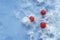 Three red berries on white snow, frozen foods, winter, cold