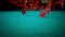 Three red dice rolling on green game gambling table on light disco, shooting with slow motion, concept of sport recreation leisure