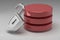 Three red disks in stack and unlocked steel padlock. Access granted to Data or Database. Concept of data security