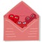 Three red hearts look out of a pink envelope