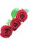 Three red roses angled on white