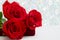 Three Red Roses and jewelery present box with boke Background. copy space - Valentines and 8 March Mother Women`s Day concept