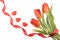 Three red tulips, spiral ribbon and small hearts, with space for