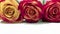 Three red and yellow roses on a light wooden background with copy space