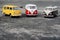 Three Retro bus Volkswagen Transporter T1. Model Toy Car red
