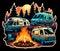 three retro camper vans around campfire in forest - cartoonish sticker on black background, neural network generated art