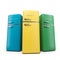 Three retro fridges in yellow, green and blue colors in a row 3D