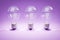 three retro style lightbulbs with glowing filament standing in a row on infinite colorful background creativity design concept