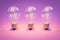 three retro style lightbulbs with glowing filament standing in a row on infinite colorful purple background creativity design