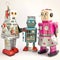 Three retro toy robots together