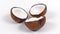 Three ripe coconut halves with yummy pulp rotating on white isolated background. Loopable seamless