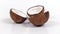 Three ripe coconut halves with yummy pulp rotating on white isolated background. Loopable seamless