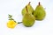 Three ripe pears and yellow freesia