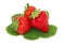 Three ripe strawberries with green leaves (isolated)