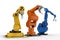 Three robotic arms on white background