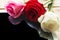 Three roses on the mockup tablet. Valentine`s Day, Wedding or Mother`s Day greeting card.