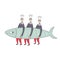 Three sailors cooks caught and carry a big sardine fish. Vector illustration