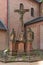 Three sandstone sculptures in front of the church of st. marcellinus and peter, seligenstadt, hesse, germany