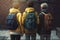 Three schoolchildren with backpacks go to school. View from the back. AI generated