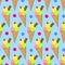 Three scooped ice cream cones with chocolate bar and polka dots on light blue background repeat pattern