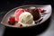 Three scoops of ice cream close up. Vanilla, strawberry and chocolate flavor. Beautiful restaurant presentation. Colorful dessert