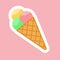 Three scoops of ice cream in a waffle cone sticker icon, flat design