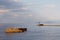 Three seagulls and three fishermen on the sea background