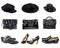 Three sets of hats, handbags and shoes.