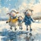 Three sheep having a fun day ice skating in a snowy painting